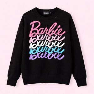 NWT Barbie Logo Sweater Large Black Multicolor Graphic Knit Pullover Mattel